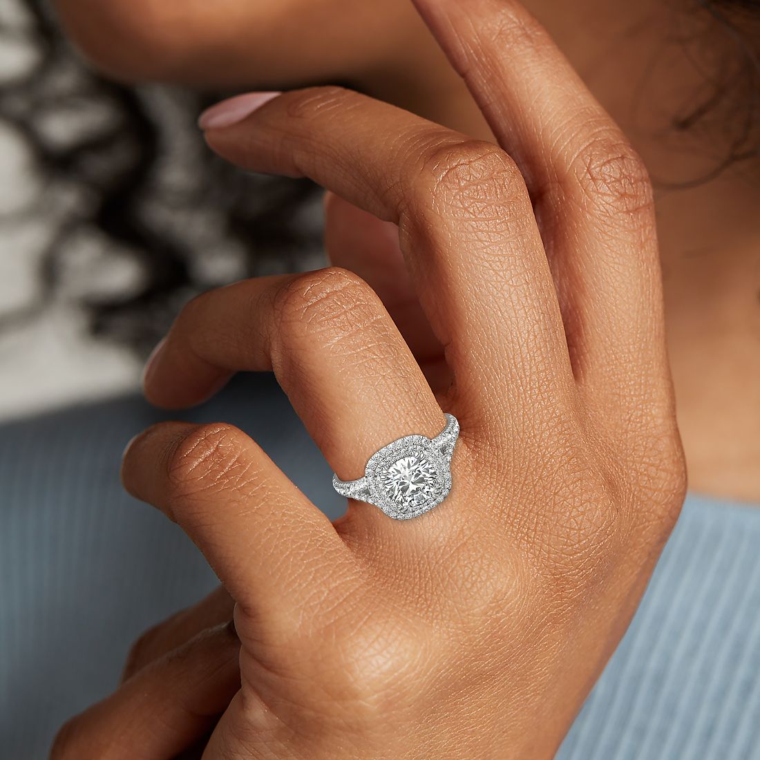 Cushion Duet Halo Diamond Engagement Ring In 18k White Gold 1 2